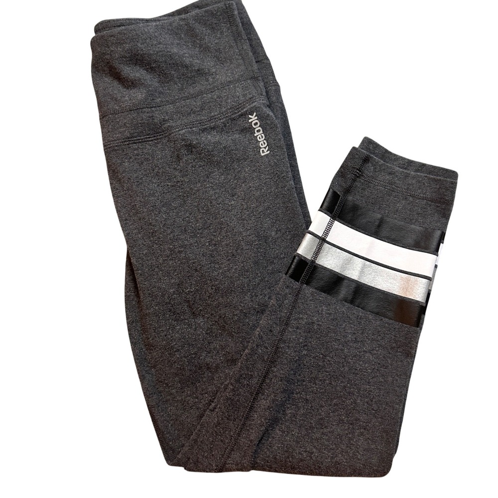 Reebok Performance Leggings Gray High-Rise Stretch Stripes Womens Medium